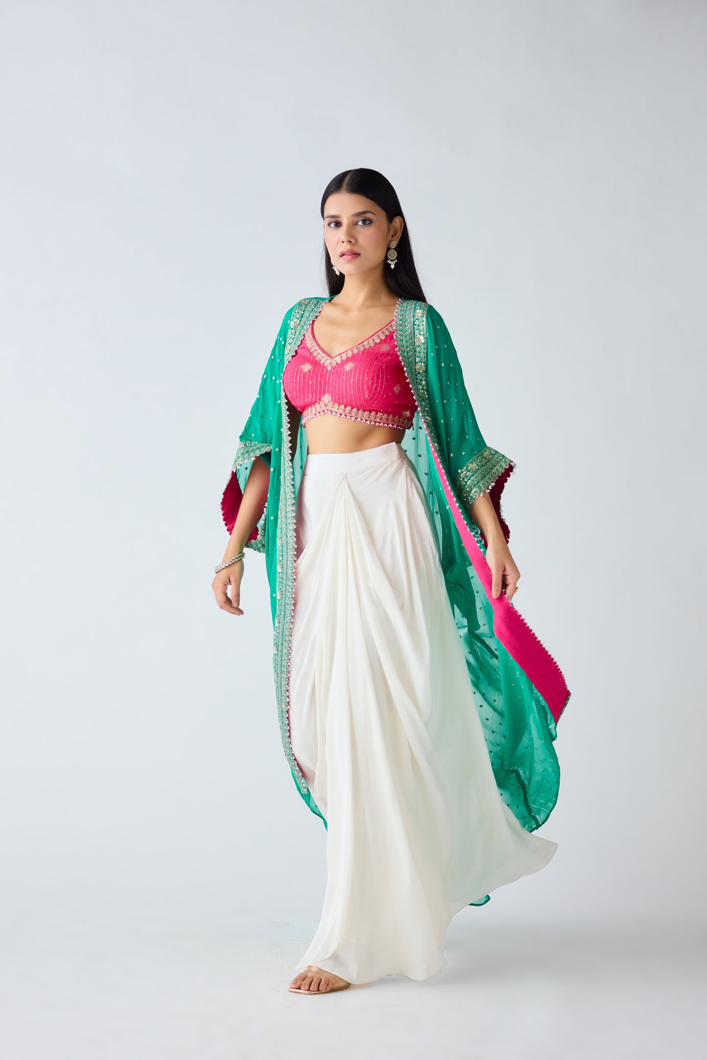 Green Sequins Embroidered Cape Set