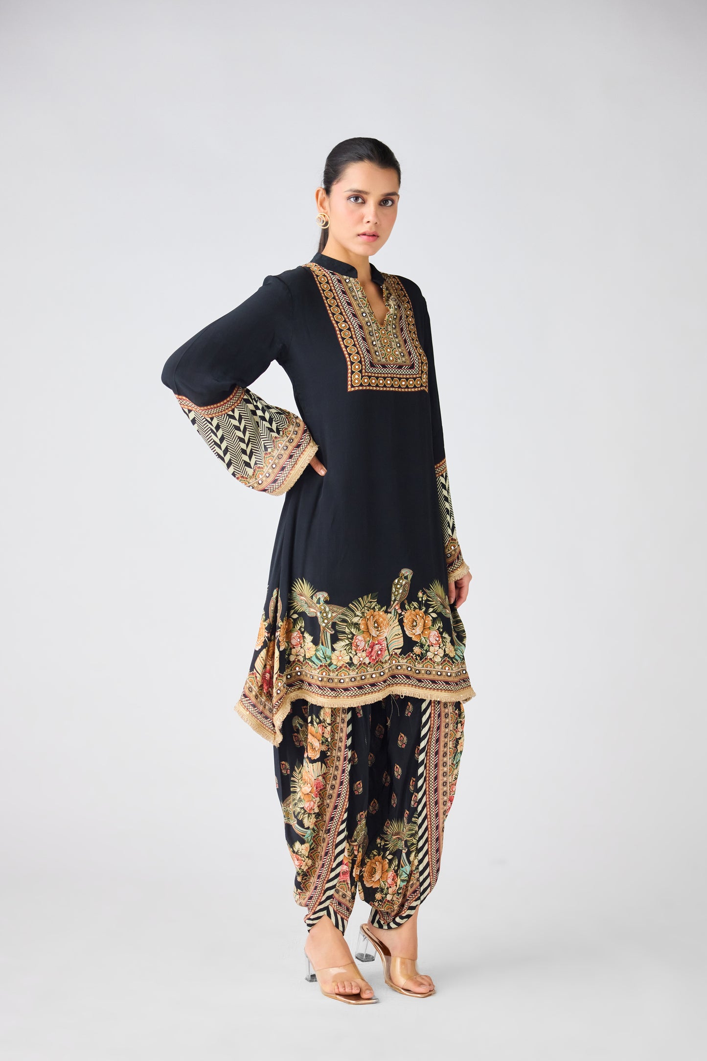 Black Crepe Floral Kurta Set