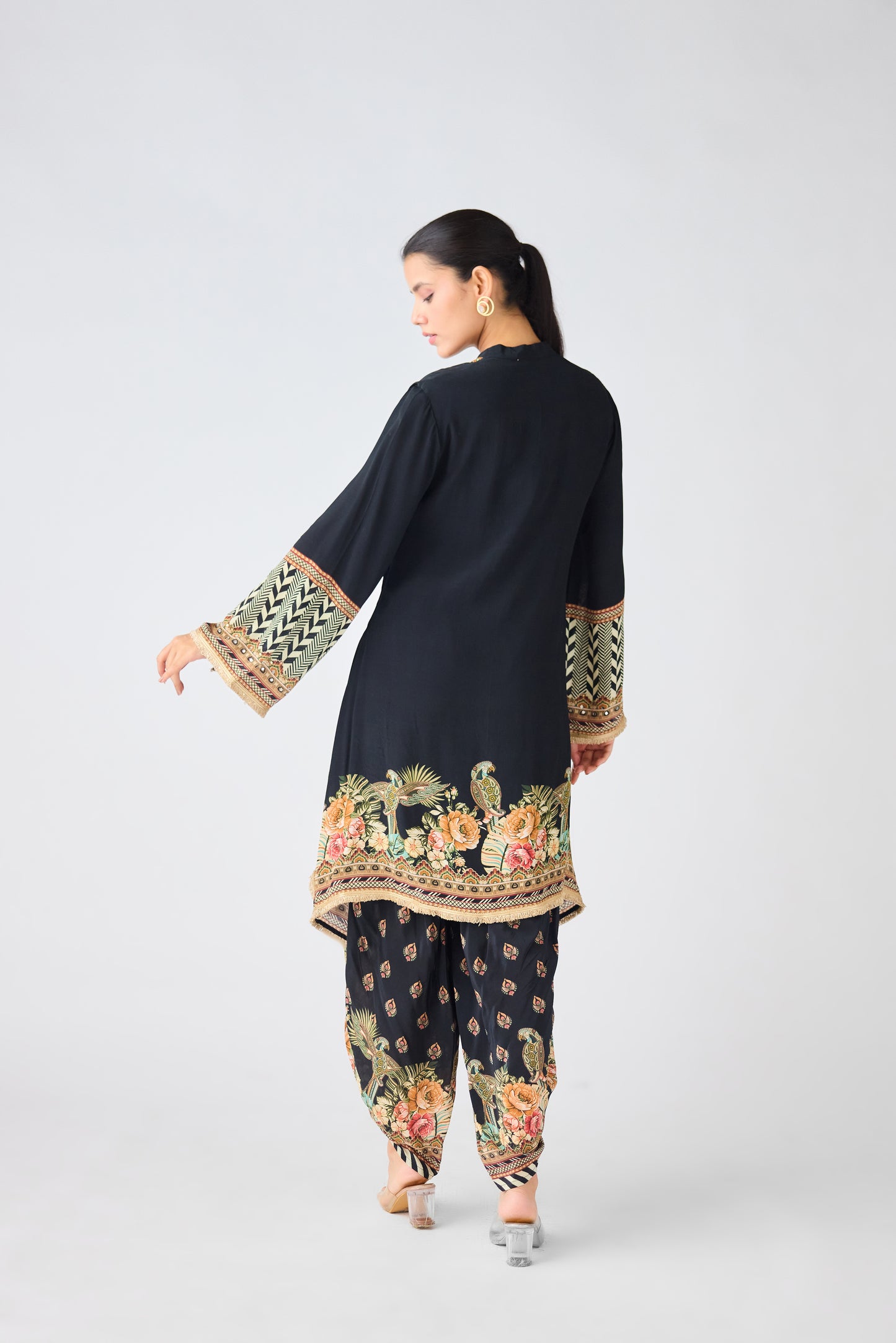 Black Crepe Floral Kurta Set