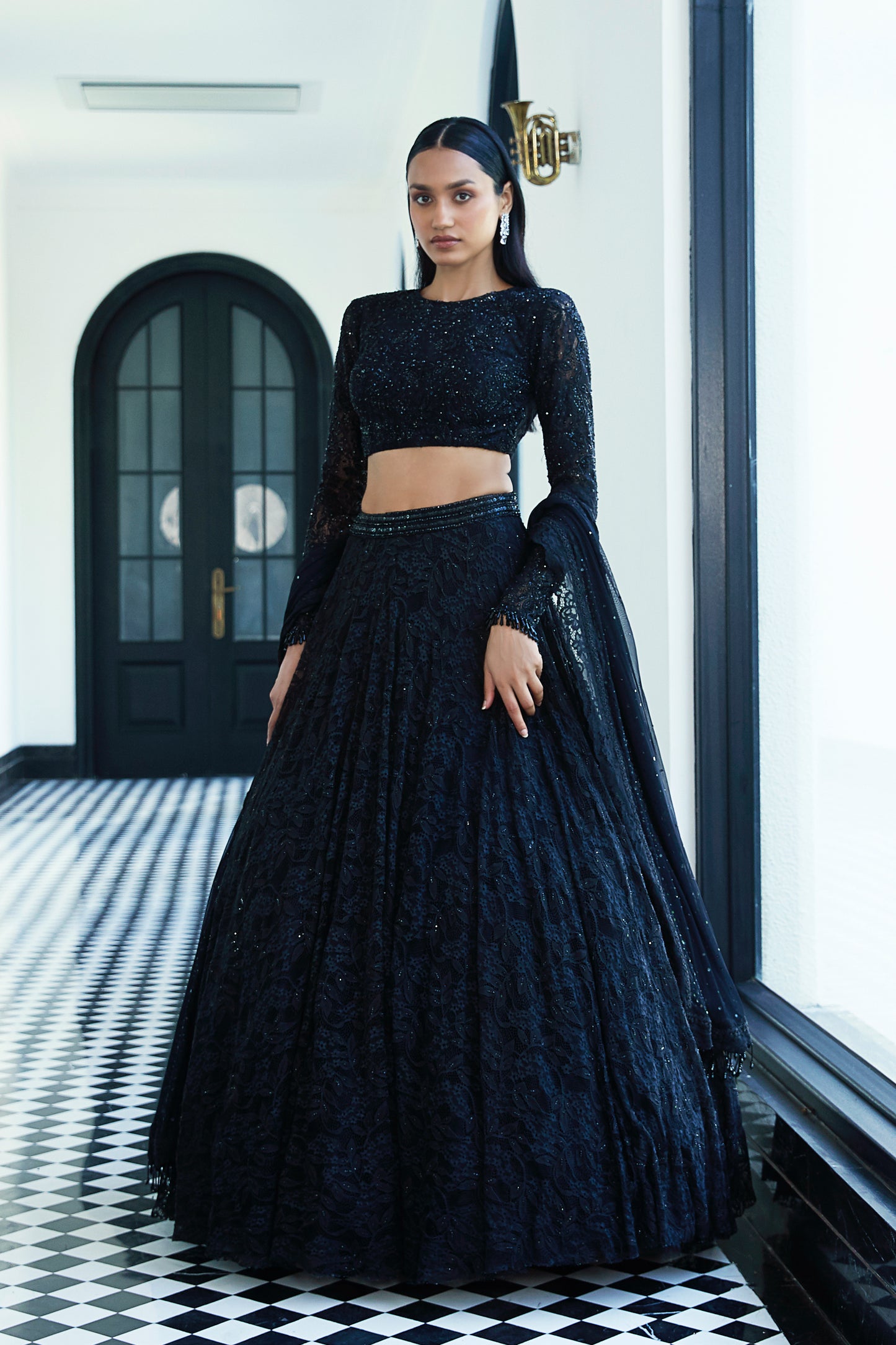 Black Chantilly Net Embroidered Lehenga Set