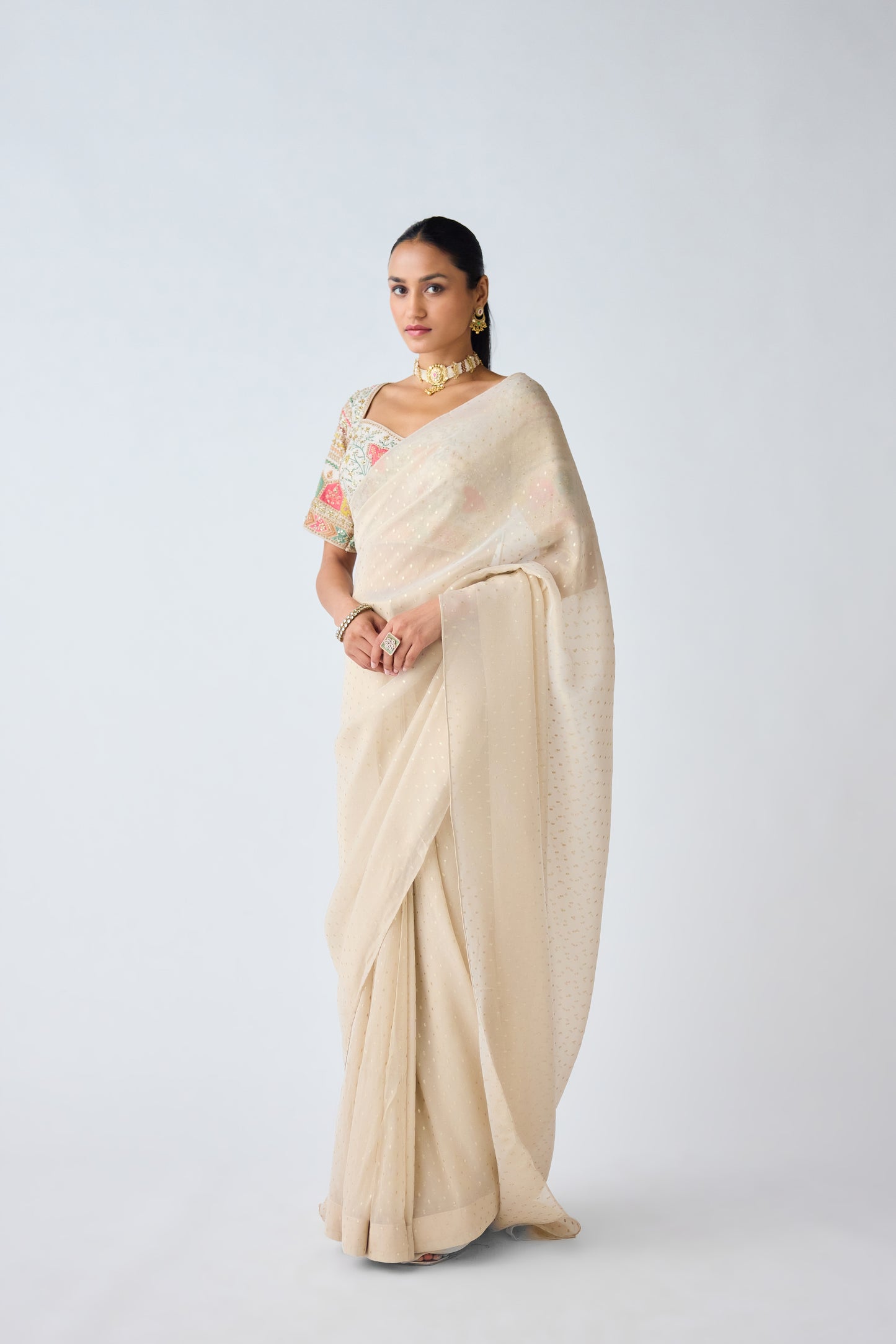 Ivory Sequins & Resham Work Organza Saree