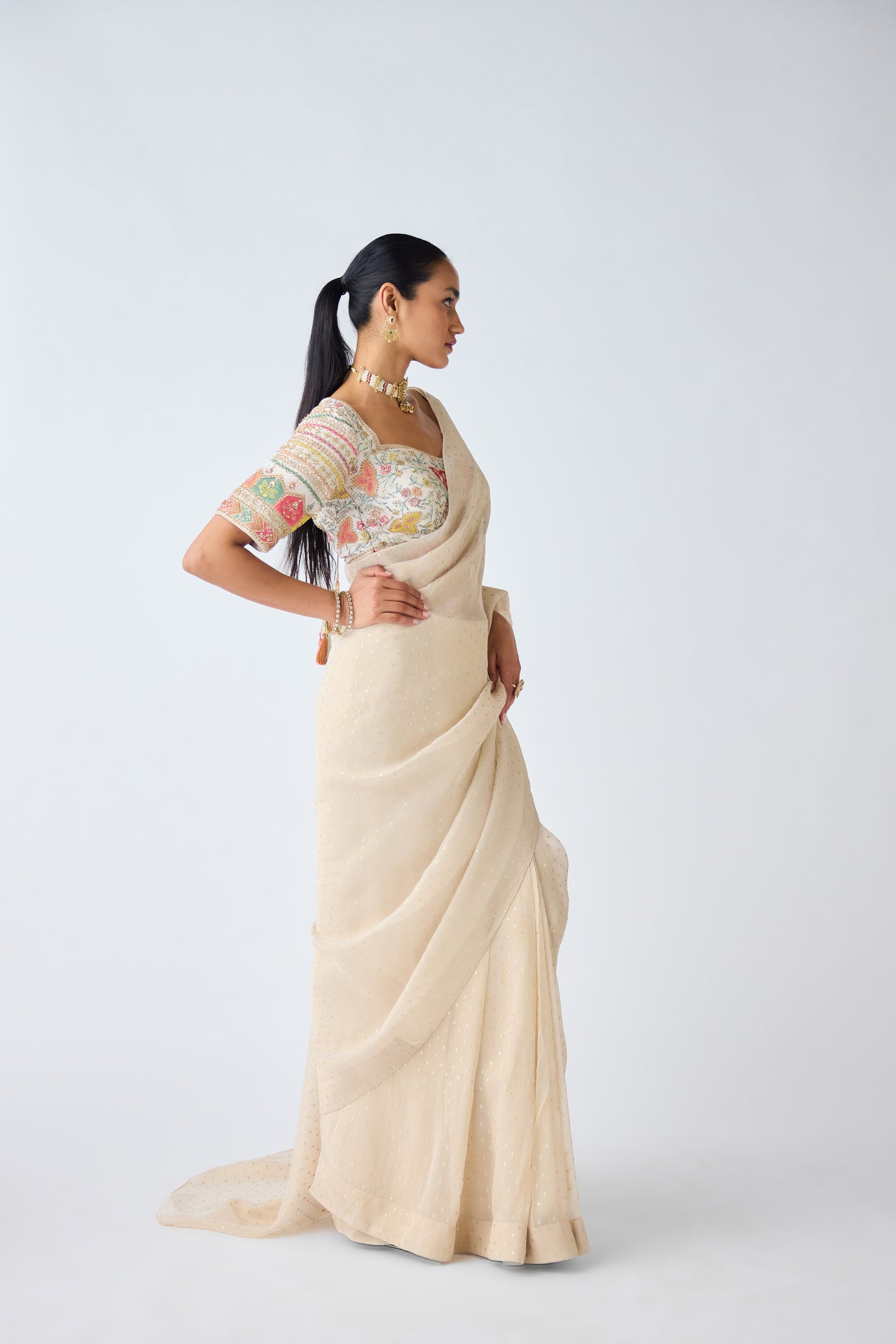 Ivory Sequins & Resham Work Organza Saree