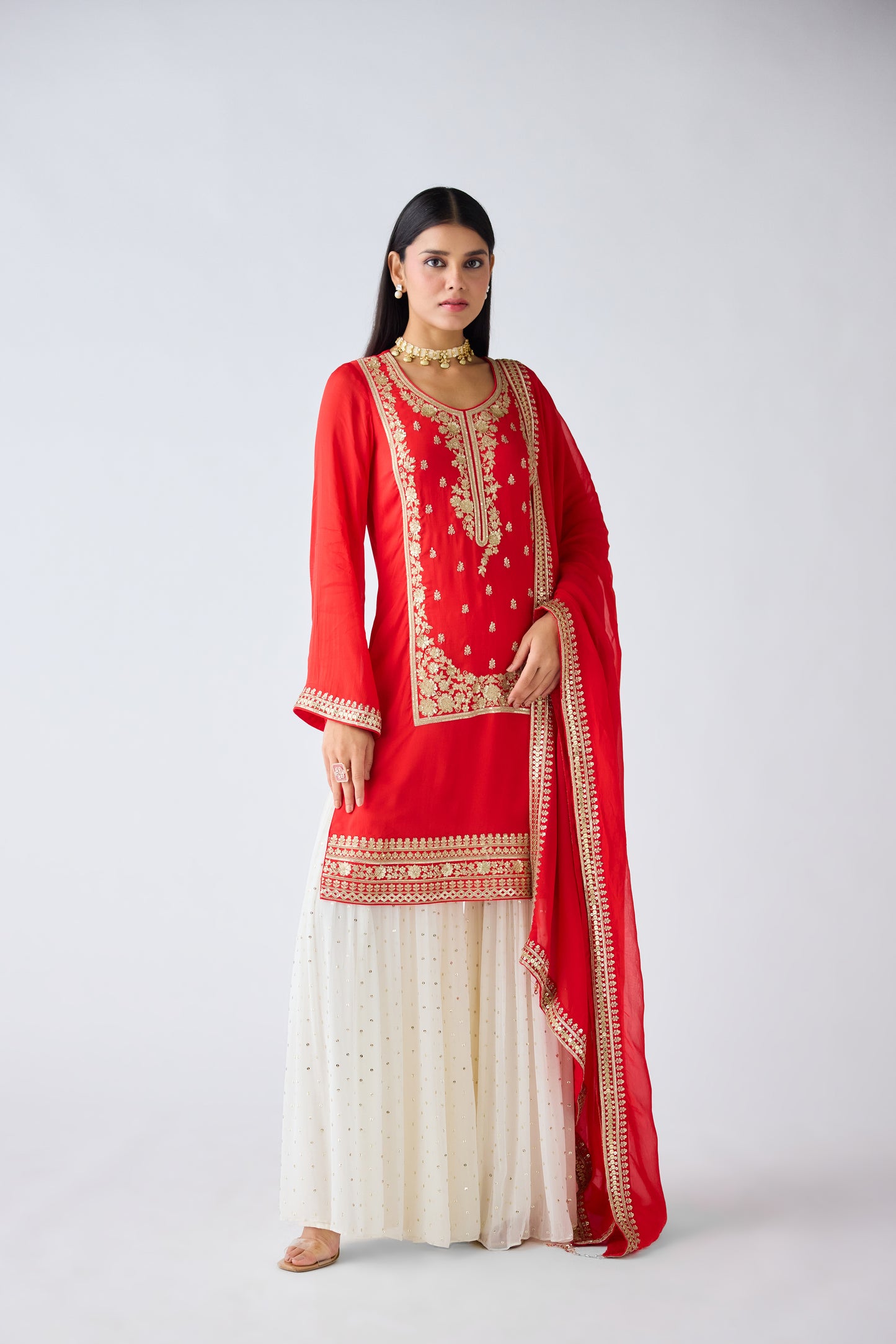 Red Zari Work Organza Sharara Set