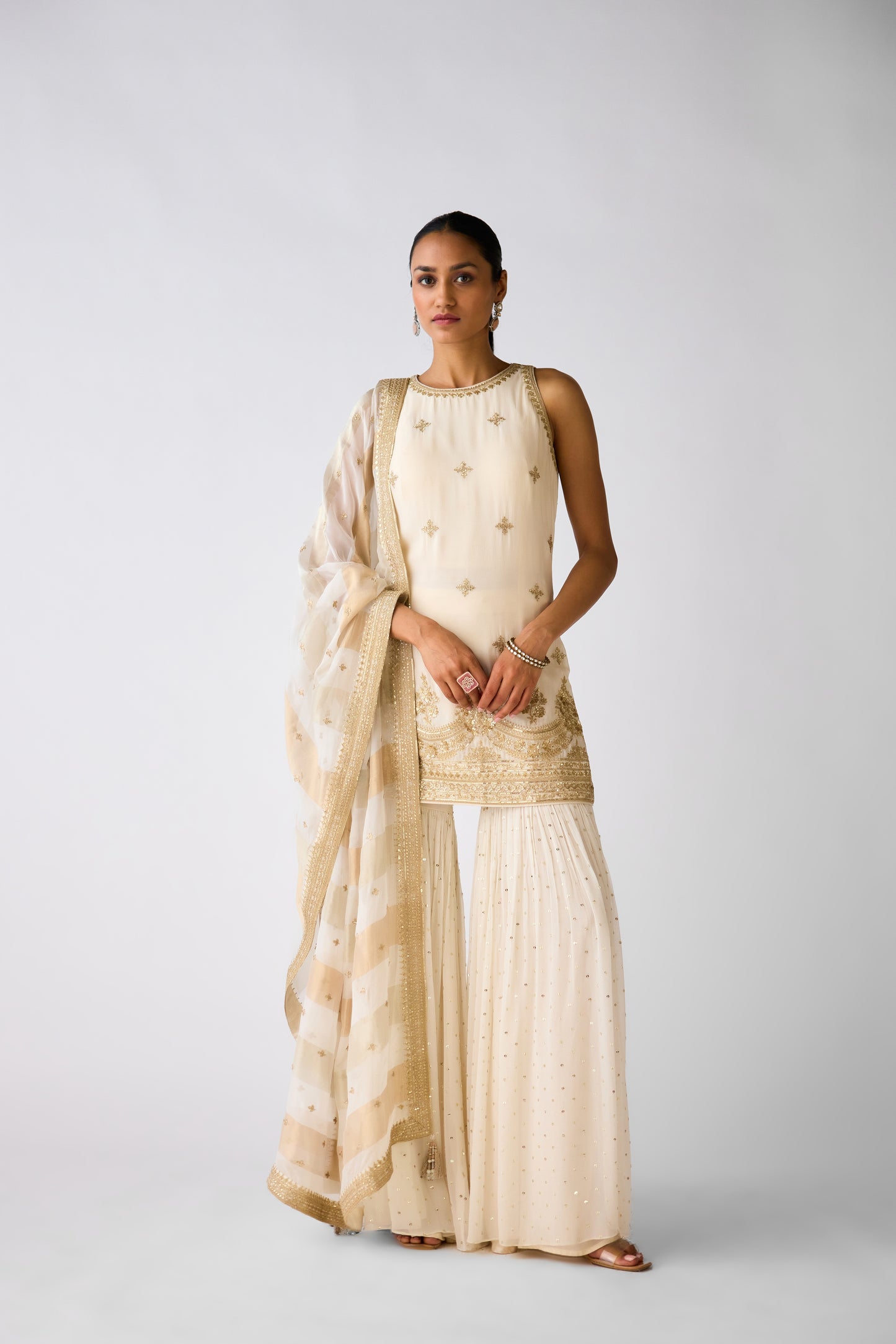 Ivory Embroidered Sharara Set