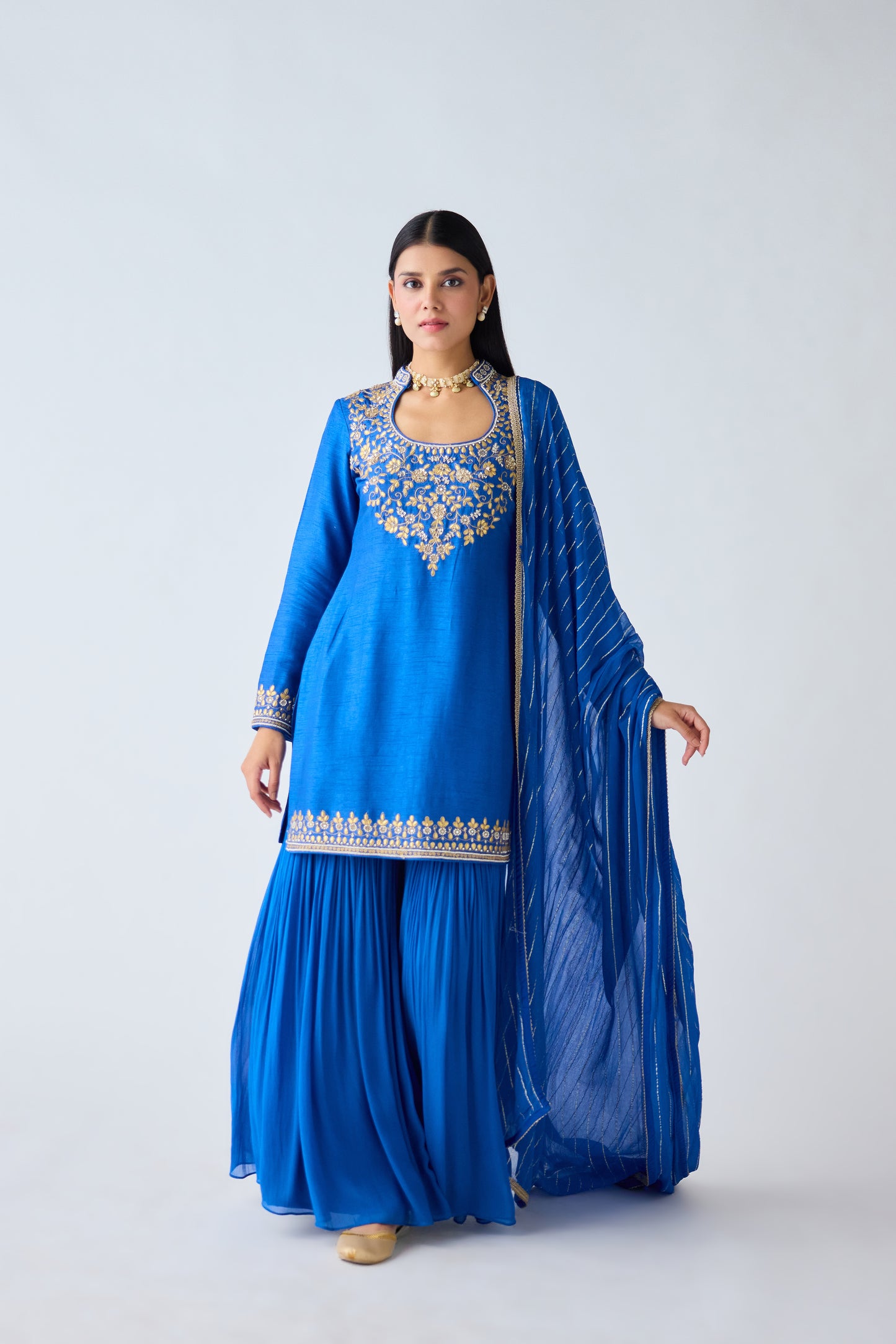 Blue Silk Embroidered Sharara Set