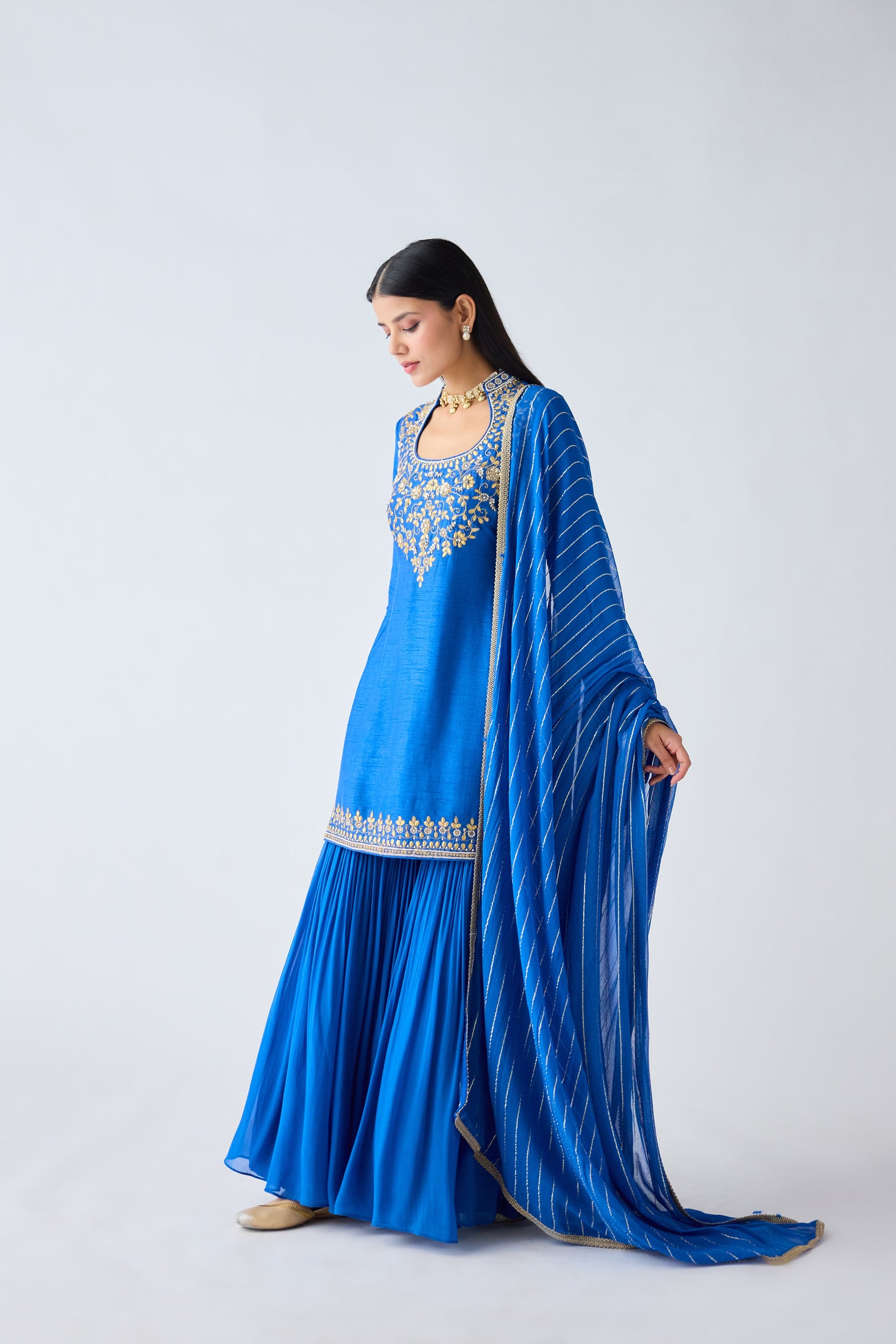 Blue Silk Embroidered Sharara Set