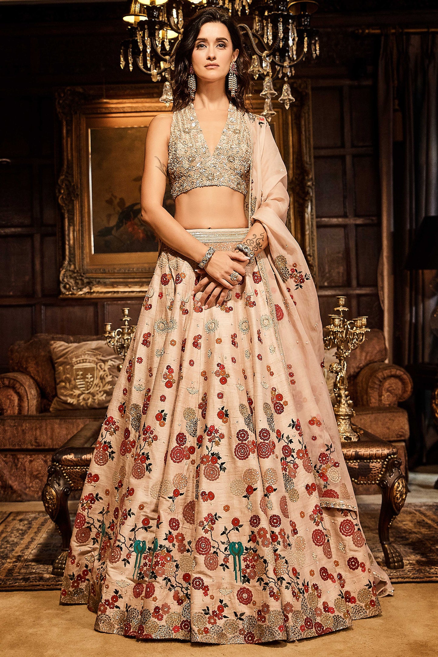 Blouse ans Skirt in Raw Silk, Dupatta in Organza