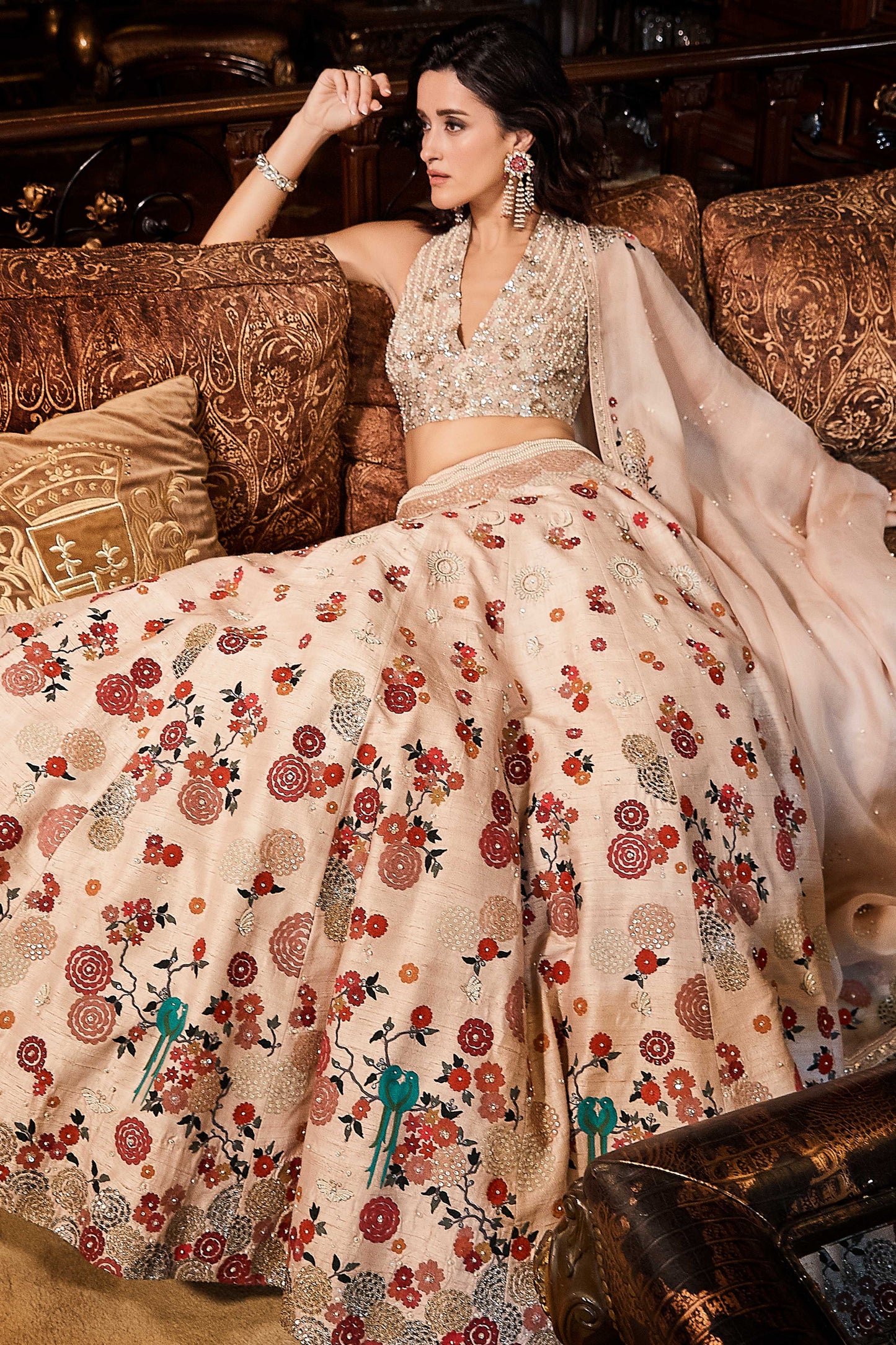 Blouse ans Skirt in Raw Silk, Dupatta in Organza